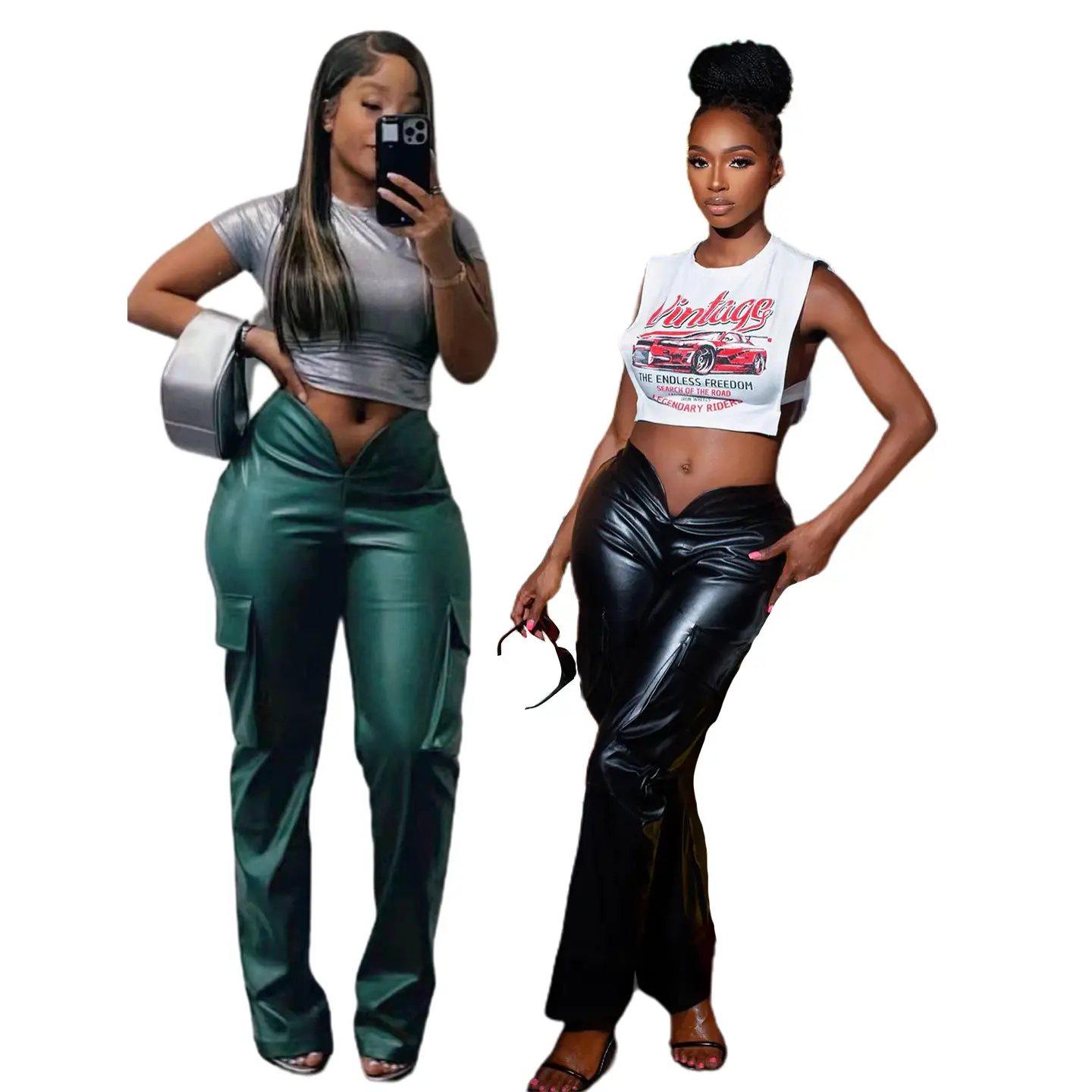 Casual PU Leather Pants With Pockets Fashion Streetwear Cargo Pants Trousers Women Sexy V Cut Stretch Leather Pants