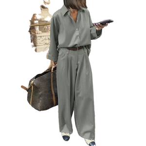 Ensemble décontracté 2 pièces pour femme : chemise en coton Oxford unie à coupe ample et pantalon large, col rabattu, manches longues, respirant - Product Image 1