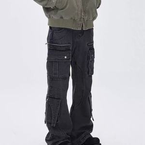 Pantalones Cargo de Pierna Recta con Múltiples Bolsillos, Estilo Urbano, Lavado Desgastado, para Hombre, Diseño Moderno con Cremallera - Product Image 4