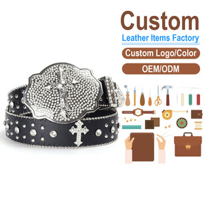 Custom Rhinestone Cross Buckle PU Leather Belt Cow Hide Vintage Style One-Piece Molding Casual Wear OEM ODM Factory - Product Image 1