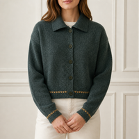 Cardigan personnalisé pour femme, col rond, vert forêt, tricot mélangé, boutonné, fabrication OEM ODM