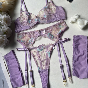 Ensemble de lingerie sexy brodée, transparente en maille, avec soutien-gorge et culotte pour femme - Product Image 6