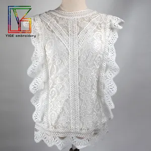 Hollow Out Wit Kant Organza Ruches Mesh Vrouw Tops Modieuze Blouses Zomer Melk Zijde