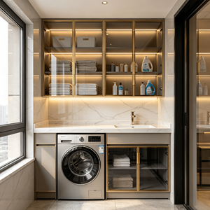 Meuble de buanderie avec <span class=keywords><strong>porte</strong></span> en verre trempé et cadre doré, éclairage LED intégré, évier intégré, lave-linge et sèche-linge, rangement de balcon, charnière <span class=keywords><strong>pour</strong></span> appartement - Product Image 4