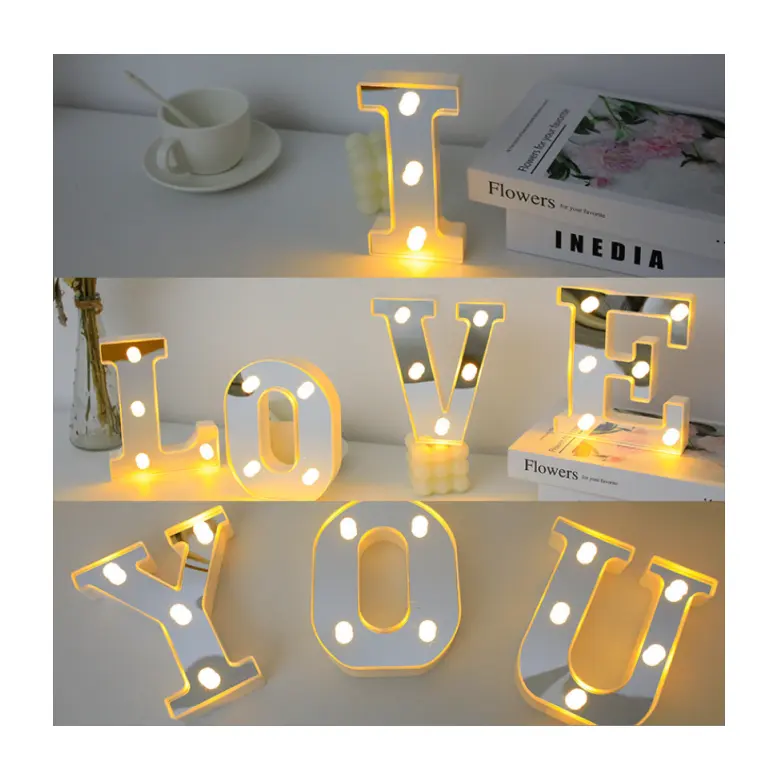 Luz Led nocturna con letras del alfabeto plateadas, con bombillas, batería, señal de pared, Número pequeño, marquesina, para habitación de boda