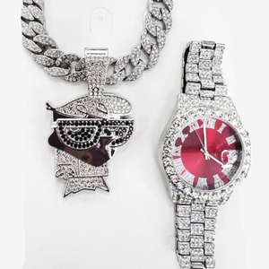 Cổ Phiếu Nhà Máy Hip Hip Rhinestone Kim Cương Thạch Anh Đỏ Xem Với Cuba Chuỗi Vòng Cổ Thời Trang Bộ Đồ Trang Sức - Product Image 4