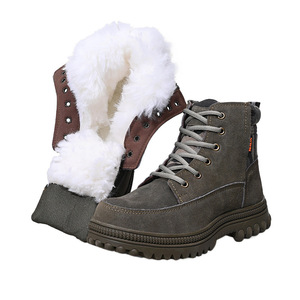 Men Snow <b>Boots</b> Thickened Warm Non Slip Leather Fur Lined Mid Heel Outdoor Winter Shoes Solid Color Front <b>Laces</b> - Product Image 5