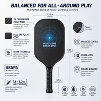 Raquette de pickleball en fibre de carbone, forme allongée, surface haute adhérence en cuir, protection de bord injectée de mousse de 20 mm d'épaisseur, conforme USAPA