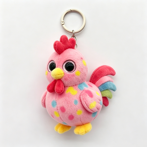 Customized Pink polka dot chicken plush keychain,Mini spotted rooster stuffed toy keyring,<b>Cute</b> vibrant chicken plush keychain - Product Image 5
