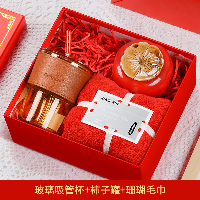Tasse en paille de verre rouge, pot de kaki, coffret cadeau serviette