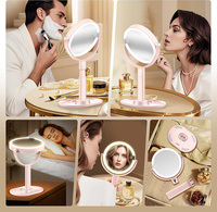 Miroir de Maquillage Portable LED Rose MS23 à Double Face avec Contrôle Tactile de la Luminosité, Grossissant et Pliable à 360°
