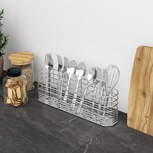 Cesta colgante para cubiertos de acero inoxidable, escurridor rectangular montado en la pared, organizador de almacenamiento para cocina, color plateado - Product Image 3