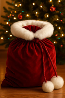 Sac cadeau de Noël bordeaux en fausse fourrure avec pompons, grand sac de Noël personnalisé de luxe pour les fêtes