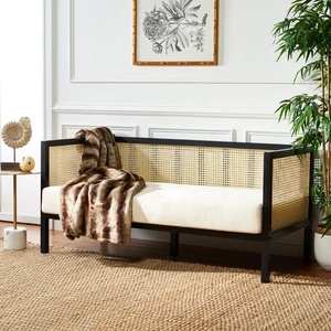 Sofá <span class=keywords><strong>Cama</strong></span> Ergonómico de 2 Plazas Tapizado en Lino con Ratán y Madera Maciza, con Almohada, Estilo Moderno Wabi-Sabi, Muebles para Espacios Pequeños - Product Image 1