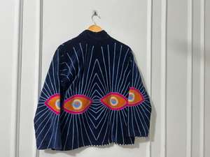 Blouson Bomber Femme Tricoté Main en Velours Brodé Respirant avec Motif Artistique Oeil, Style Ethnique Bohème, Vêtement d'Hiver - Product Image 5