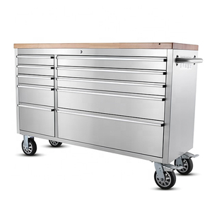 Coffre à outils professionnel à 10 tiroirs sur roulettes, établi mobile en acier inoxydable avec plateau en bois pour garage et atelier - Product Image 1