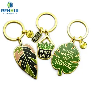 High Quality Metal Key Chains Custom Blue Leaf Hard Enamel Keychain Keyring Plant Keychains