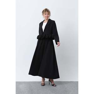 LOREEN Women's Black Ruffle Detail Jacket and <b>Trousers</b> Set - Elegant Two-Piece Suit for Office & Daily Wear, Model 20650TKS - Product Image 1