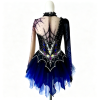 Robe de patinage artistique noire et bleu roi pour spectacle, col montant, dos en maille transparente, jupe en tulle ornée de strass pour filles et enfants