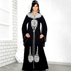 AWAIS HOUSE Women's Coral <b>Chiffon</b> Polyester Floor-Length A-Line Abaya Evening/Formal V-Neck Long Sleeve Beaded Natural - Product Image 1