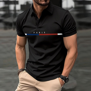 Polo à manches courtes pour homme, imprimé rayé à la française, boutonné, noir, taille XL, coupe ample, haut de sport - Product Image 1