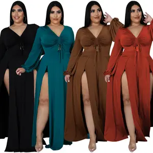 2022 Nieuwkomers Vrouwen Big Size V-hals Hollow Out Slit Jurk Hot Koop Plus Size 5XL Dames Losse Effen Kleur met Pantie Jurk