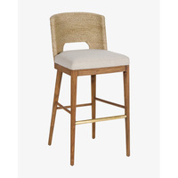 Tabouret de bar de cuisine en bois de teck avec design en jonc de mer naturel et matériaux mélangés, chaise haute, mobilier