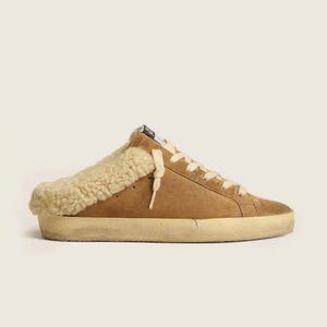 Vintage Star-Patched Furry Slip-On Sneakers <b>Closed</b> <b>Toe</b> Platform Fashion with Genuine Leather Upper Flat Feature Suede Materia - Product Image 1