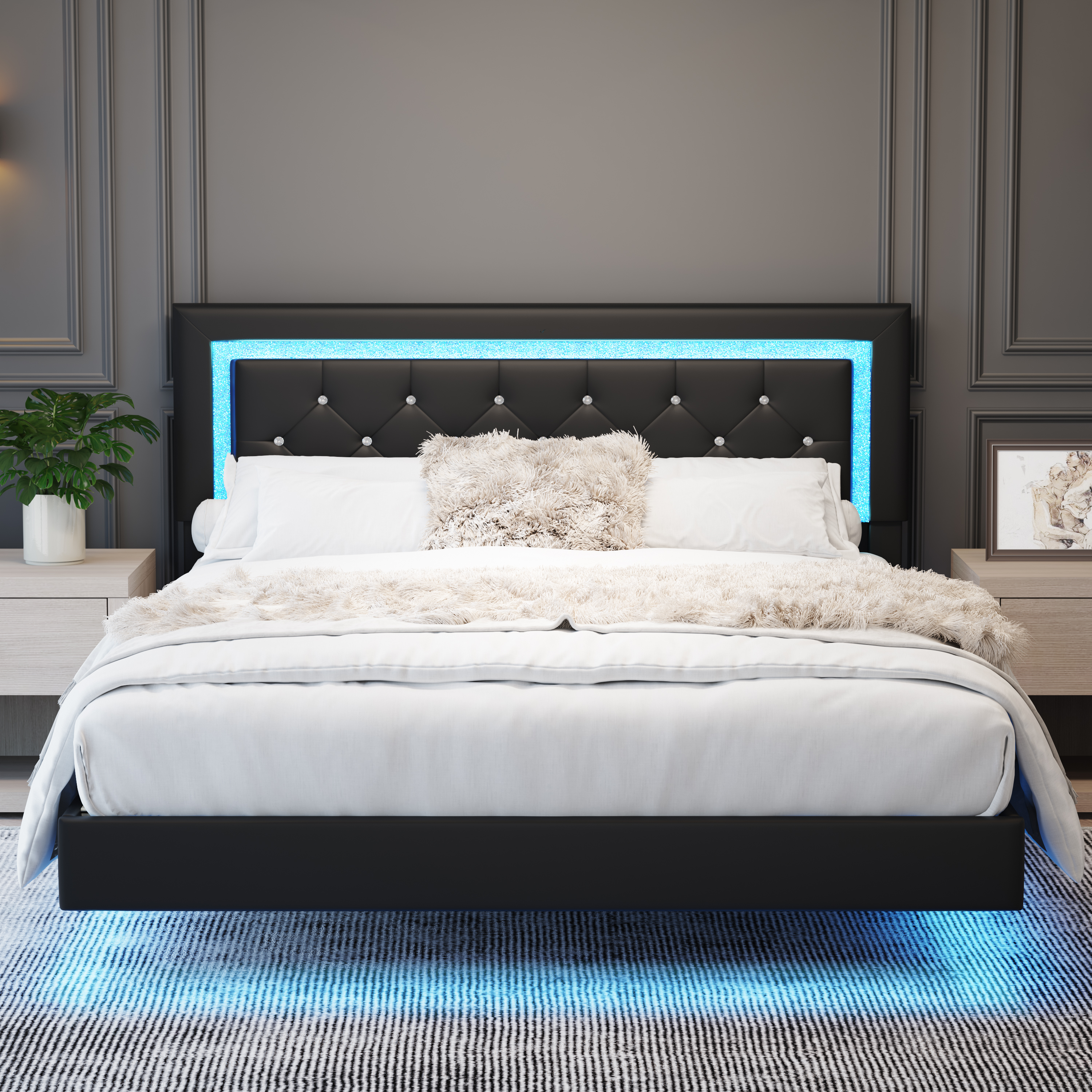 Modern Queen Size Floating Bed Frame with LED Lights – Adjustable Upholstered Platform Bed with Headboard for Contemporary Bedrooms - View 2