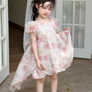 Venta al por mayor 2025 verano Floral Puff manga arco espalda niños niñas vestido de baile - Product Image 4