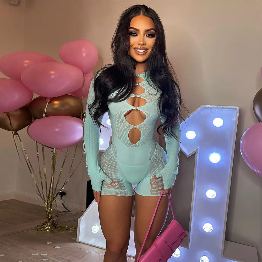 Sexy lưới xuyên qua dài tay áo cutout Rỗng ra mỏng một mảnh Romper Jumpsuit Ngắn