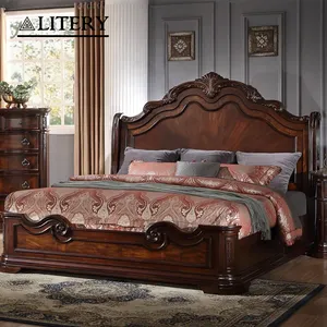 Moldura de cama clássica king size real de madeira com cabeceira esculpida ornamentada e acabamento em mogno tradicional