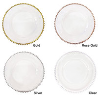 Assiette de présentation en plastique transparent de 13 pouces avec bordure perlée dorée, idéale pour mariages, Noël, ou comme assiette de service décorative en acrylique.