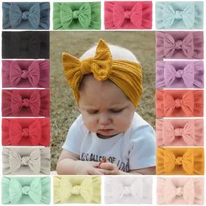 Fabriek Groothandel 18 Kleuren Nylon Boog Babies Hoofdbanden Knit Solid Haarbanden Zachte Elastische Tulband Baby Meisjes Haar Accessoires