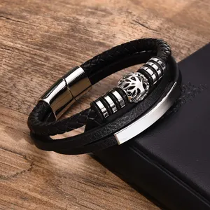 2024 Men's Fashion Jewelry Customized Stainless Steel Beads Black Braided Leather Bracelet Armband With Magnetic Closure