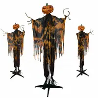 Peraga Halloween Ukuran Hidup Animasi Berdiri 6 Kaki Kepala Labu Menakutkan Scarecrow Man Prop Dekorasi Rumah Hantu