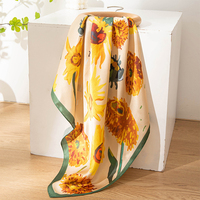 Foulard carré en soie de mûrier de qualité 6A, imprimé artistique tournesol style peinture à l'huile, cadeau artistique pour femme, motif personnalisé OEM