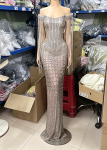 LM D234 <strong>Silver</strong> Natural High Neck Floor-Length Lace Crystal Beaded Mermaid Anti-Wrinkle Evening Gown Sheer <strong>Skirt</strong> for Formal - Product Image 2