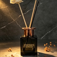 Bouteille diffuseur de parfum carrée en verre fumé noir avec bouchon en métal cuivré, ligne dorée de luxe, conteneur vide pour l'aromathérapie à domicile, logo personnalisé