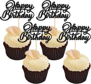 Adornos para Cupcakes de Cumpleaños con Brillantina, Decoraciones Negras para Cupcakes para Celebrar Fiestas de Cumpleaños - Product Image 1