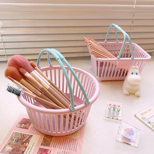 Macaron Color Blocked Desktop Storage Basket With Handles Plastic Round For Stationery Organizing Student Dormitory Use - Product Image 4