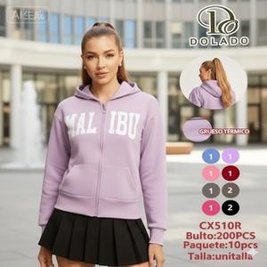 Sudadera con capucha y cremallera para mujer, manga larga, 100% algodón, tejido de punto, diseño frontal con estampado de letras, longitud regular, para otoño - Product Image 3