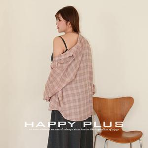 Camisa a cuadros Happy Plus para mujer, talla grande, corte holgado, cuello vuelto, manga larga, popelina de viscosa, color rosa N8908 - Product Image 3
