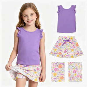 Conjunto de Ropa de Boutique para Niñas al por Mayor, Top Morado sin Mangas con Volantes Florales y Falda Corta, Ropa de Yoga de Verano para Niñas - Product Image 1