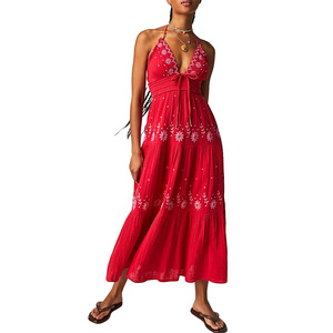 Vestido de Verano sin Espalda ni Mangas, Vestido Maxi Bohemio de Lino Bordado para Fiesta en la Playa y Vacaciones Hawaianas - Product Image 5