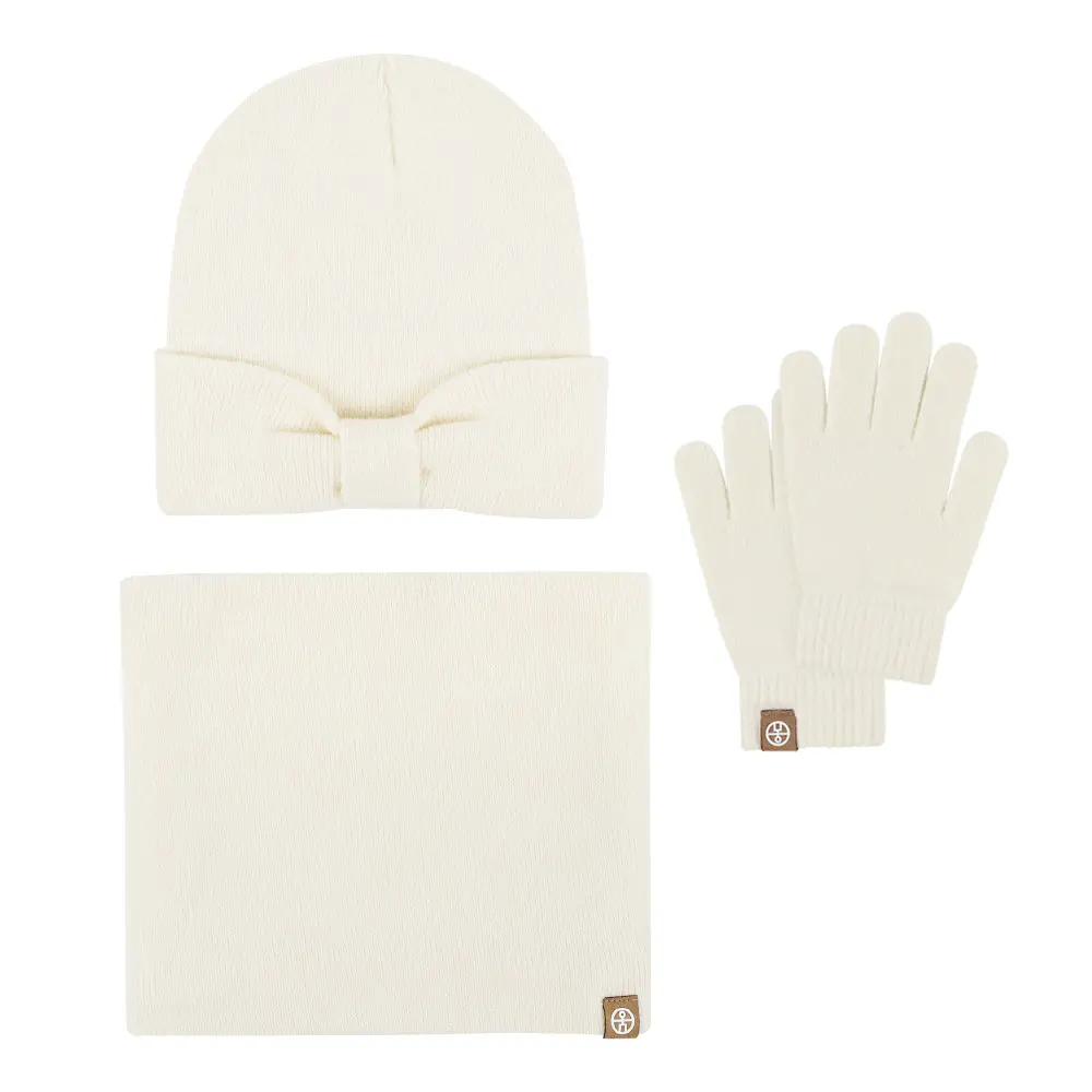 Sarung tangan Beanie musim dingin, hangat polos Logo kustom mode, Set leher syal dengan pita kupu-kupu untuk anak-anak