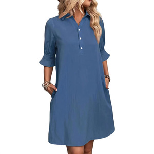 Camicia europea americana abito da donna largo Casual tinta unita mezza manica <span class=keywords><strong>a</strong></span> linea Mini abito da spiaggia - Product Image 2
