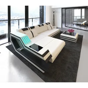 Современный дизайн, L-образный секционный диван из натуральной кожи со светодиодной подсветкой и ящиком для хранения, мебель для гостиной