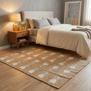 Alfombra de paja de trigo neutra, tapete trenzado decorativo para dormitorio con diseño de flechas - Product Image 1