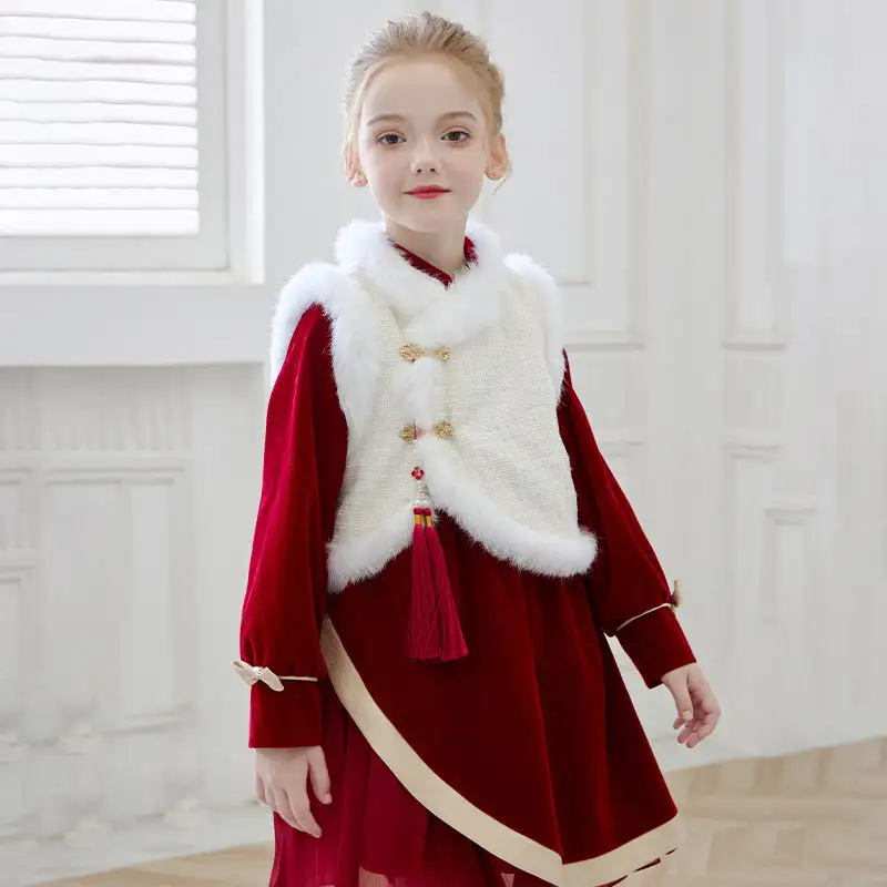 Vestido rojo de manga larga de invierno a la moda con abrigo blanco vestidos de Nia color rojo niños vestido de fiesta de año nuevo para niños